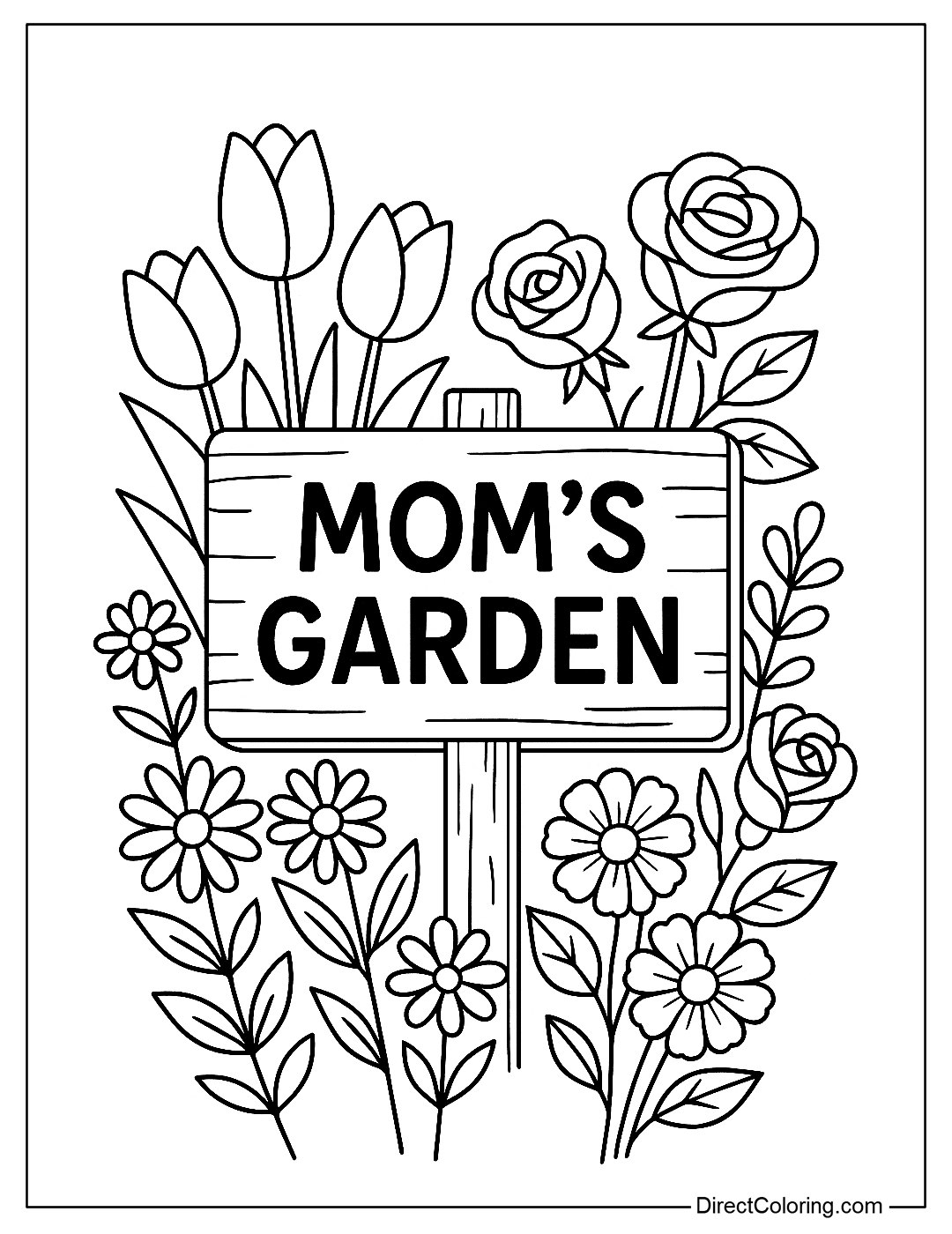 coloring page of a small garden filled with tulips, daisies, and roses with a wooden sign that reads 